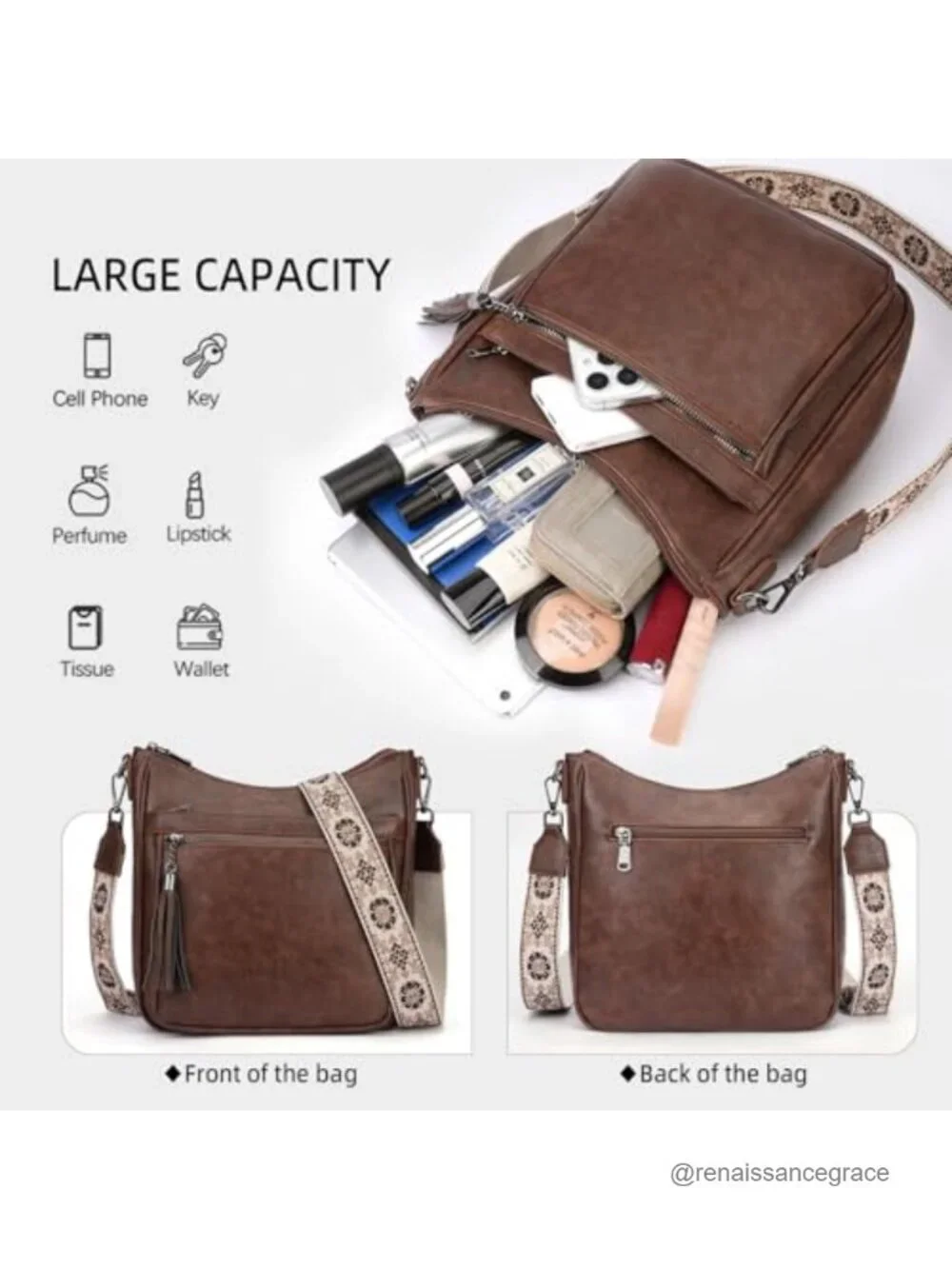 Women's Vegan Leather Hobo Crossbody Bag with Tassel